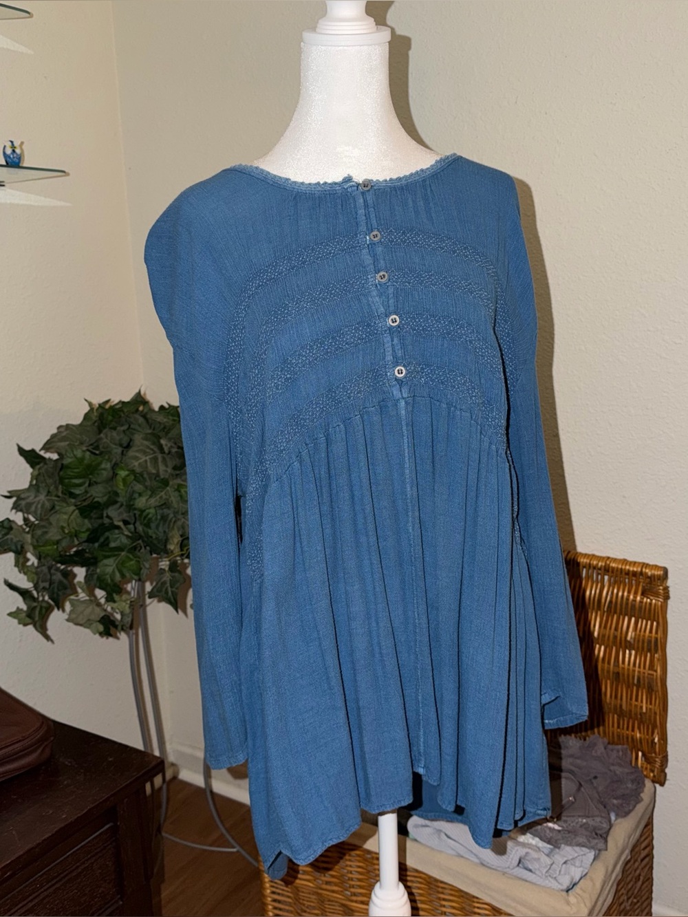 Avenue Dusty Blue Button-Front Peasant Blouse